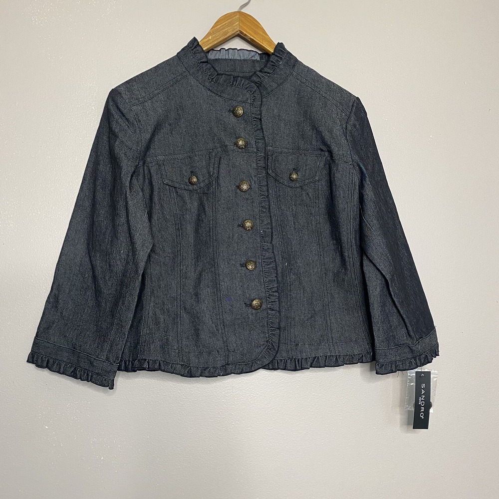 Sandro Black Chambray Jacket Ruffle Trim Stretch Women's Size PL